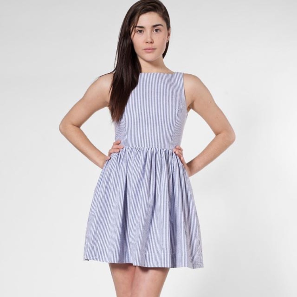 BLUE/WHITE STRIPPED DRESS WITH BUTTON DOWN V BACK